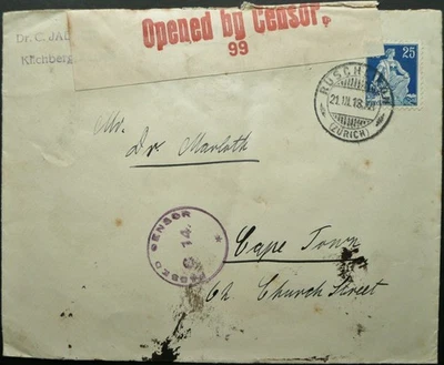 SUIZA 21 MAR 1918 PRIMERA GUERRA MUNDIAL CUBIERTA CENSURADA DE ZURICH A CIUDAD DEL CABO, S. ÁFRICA Foto 1 de 2
