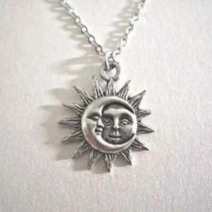 Stainless Steel Silver Sun & Moon Pendant Necklace - Fashion Jewelry - Picture 1 of 7