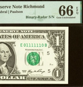 2006 $1 Richmond FRN Binary Radar PMG 66EPQ fancy binary serial number 01111110 - Picture 1 of 3