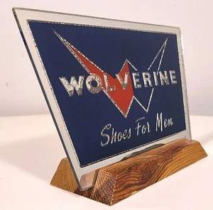 WOLVERINE MENS SHOES VINTAGE STORE ADVERTISING DISPLAY MIRRORED GLASS PLAQUE - Picture 1 of 8