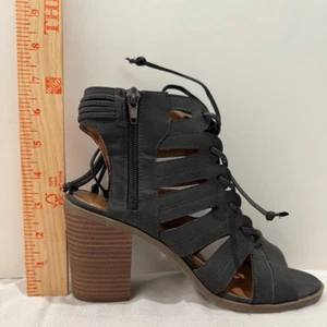 FARYL By Faryl Robin BUCKLE Black Sandals Heels Caged Lace Up Sz 8 Vegan Suede - Picture 1 of 7
