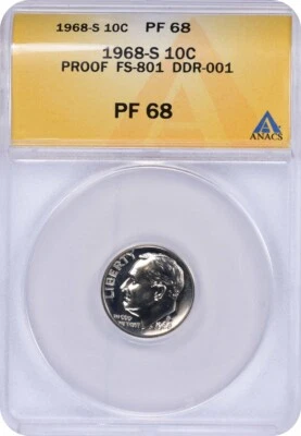 1968-S Roosevelt Dime DDR FS-801 PF68 ANACS - Image 1 of 2