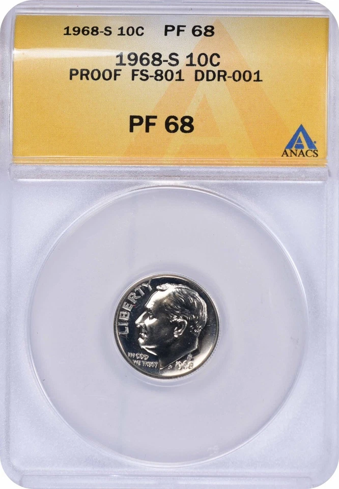 1968-S Roosevelt Dime DDR FS-801 PF68 ANACS - Image 1 of 2