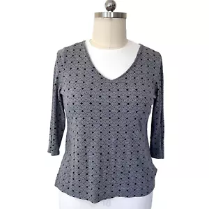 Liz Claiborne - Grey, Navy V neck 3/4 Sleeve Geometric Print Cotton Modal Tee L - Picture 1 of 12