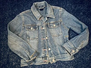 Vintage Gap Kids Denim Jean Jacket Stretch Girls Size 10 L Blue EUC Pink Stitch - Picture 1 of 3