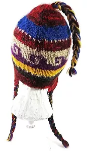 Markenlose Unsex Mütze Wolle mehrfarbig Wellenmuster mit geflochtenen Seiten & Oberteil Beanie - Bild 1 von 10