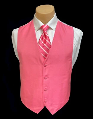 Men's Jean Yves Bright Pink Tuxedo Vest & Striped Tie Wedding Groom Prom Medium - Image 1 of 4
