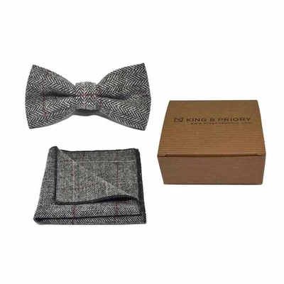 Luxury Herringbone Pewter Grey Bow Tie & Pocket Square Set - Tweed, Plaid Cou... - image 1 of 4
