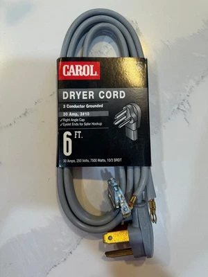 Cable de secadora Carol 3 conductores conectado a tierra 6 pies WX9X4 Foto 1 de 2