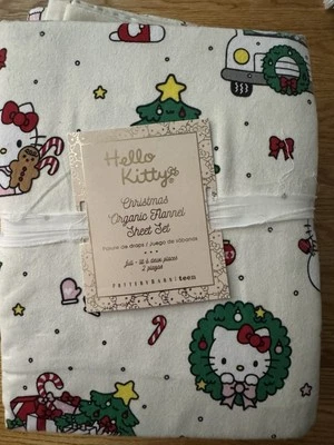Pottery barn teen Christmas flannel sheet set XL twin hello Kitty new - Image 1 of 4