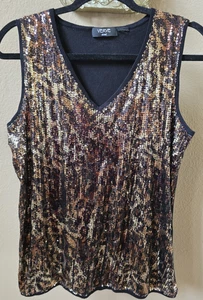Verve Sz L * Black Gold Sequin Covered Vneck Sparkle Animal Print Tank Cami Top - Picture 1 of 8