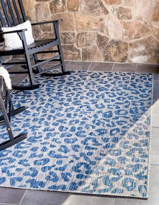 户外野生动物园系列小地毯 - 豹纹 (7' 1' x 10' 长方形,蓝色/灰色) — 第 1/4 张图片