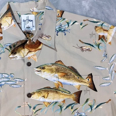 Camisa Guy Harvey Redfish Camarón Cangrejo Pez Estampado Abotonada XL Azul Agua Aftco Foto 1 de 4