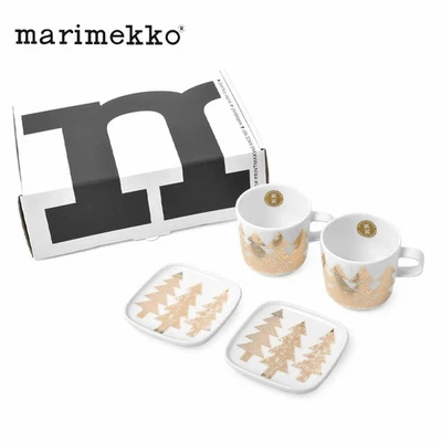 Nuevo en Caja Marimekko Kuusikossa Blanco/Dorado Tazas y Platos 4" - Juego de 4 Nuevo en Caja Foto 1 de 4