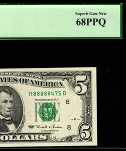 1995 $5 FANCY 8'S PCGS 68PPQ SUPERB GEM NEW H88888475D TOP POP LUCKY 8'S - Picture 1 of 4