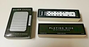 Crate & Barrel Set Of 6 Classic White and Black Standard Dice NIB & Silver Cards - Picture 1 of 4