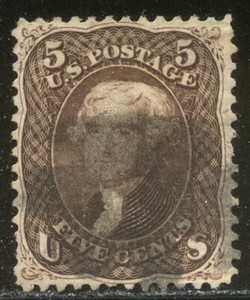 U.S. #95 SCARCE Used - 5c Brown w/ "F" Grill ($850)