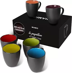 - 6 X 350 Ml Stoneware Coffee Mug/Cup Set - Le Papillon Collection (Black-Multic - Picture 1 of 12