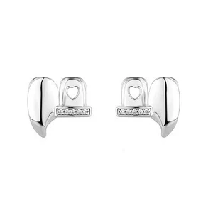 Hip Hop 18K Gold Plated iced CZ Mouth Teeth Grills Grillz Single Fang - 2PCS Set - Picture 1 of 10