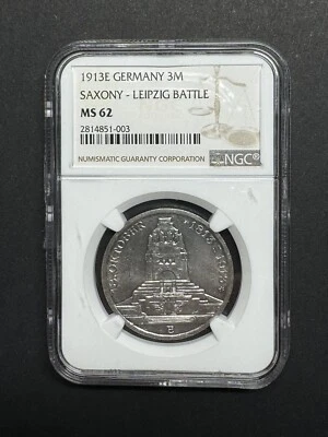 1913 E SILVER GERMAN STATE SAXONY 3 MARK LEIPZIG MONUMENT NGC MINT STATE 62 - Image 1 of 4