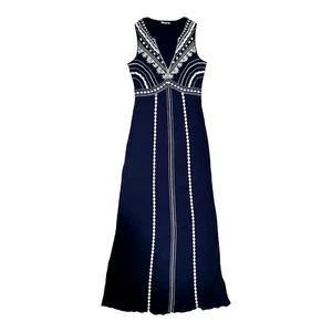 MONSOON Navy 100% Cotton Maxi Dress Size Small Embroidered Indian Mirror Work - Picture 1 of 24