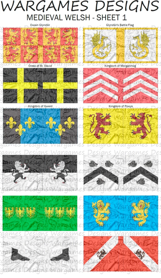 6mm Medieval Welsh Flags - Sheet 1 - Pike & Shotte, FOG, DBR, Impetus, Baroque - Image 1 of 1