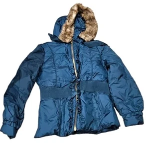 Juicy Couture Fur Hooded Puffer Coat Jacket Womens Large Blue Green Zip Down - Picture 1 of 11
