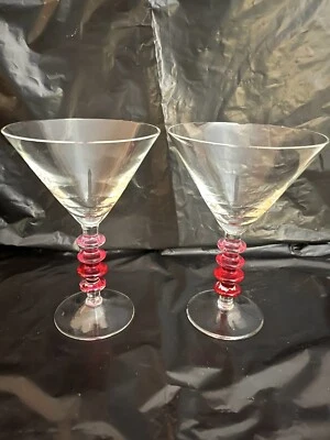Pier 1 Pink Ring Stem Cocktail Martini Glasses Set of 2 V-Shaped Clear Bowl 7 "  — 第 1/2 张图片