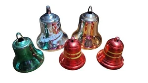 Christmas Tree Bell Ornaments Hard Plastic Striped Solid Shiny Lot of 5 Vintage - Picture 1 of 14