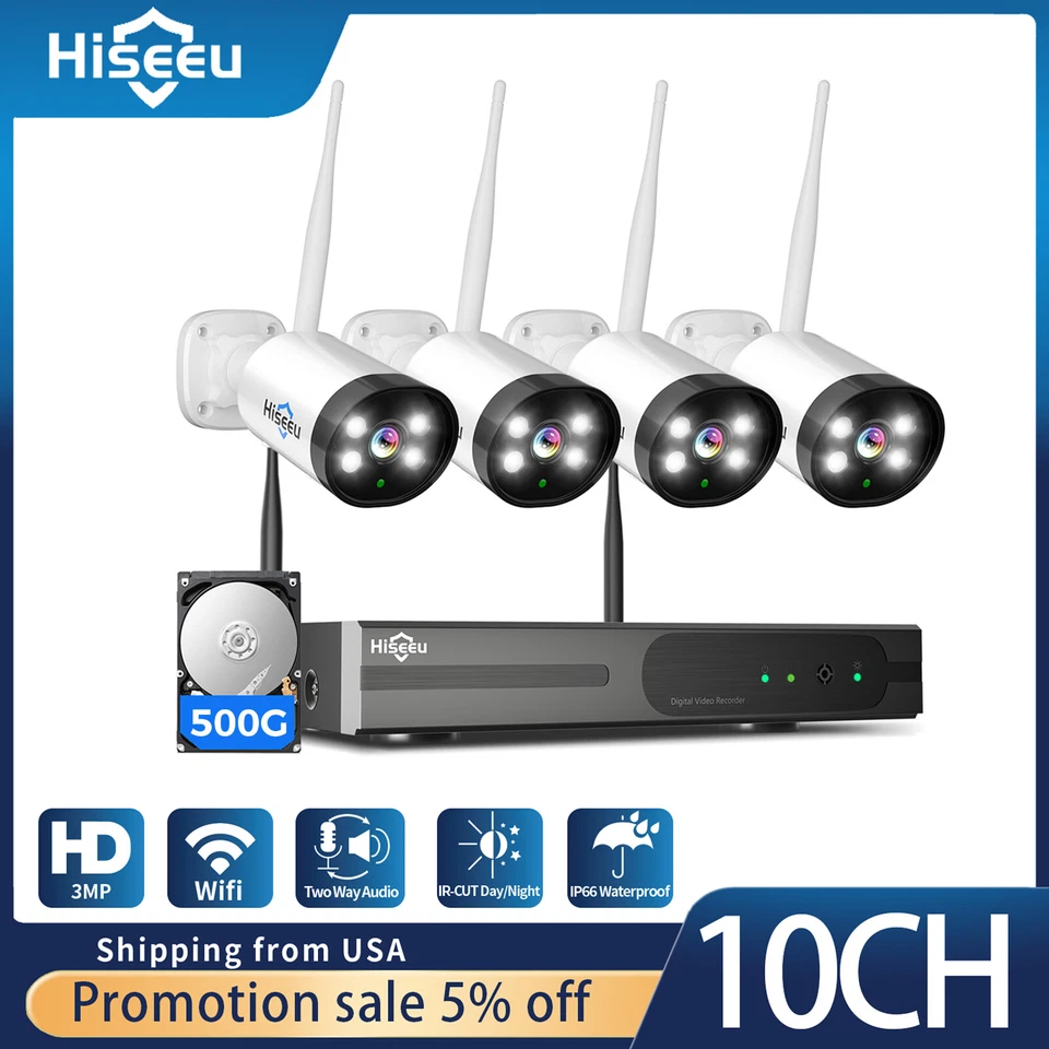 Hiseeu HD 16CH NVR 3MP 2.4G/5G WIFI Outdoor CCTV Security Camera System Kit