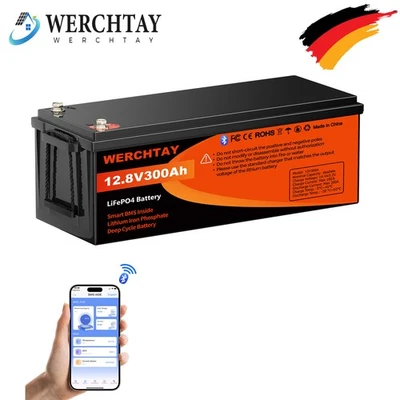 WERCHTAY Lithium Batterie 12V 300Ah Bluetooth LiFePO4 Akku BMS 10000+ Zyklen Wohnmobil