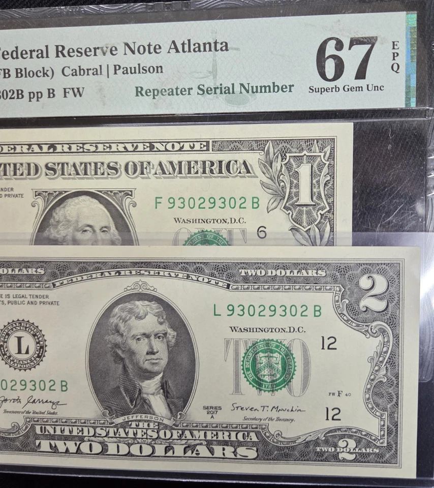 $1 & $2 MATCHING REPEATER SERIAL NUMBERS 93029302 Uncirculated 67EPQ FR1933-F - Image 1 of 4