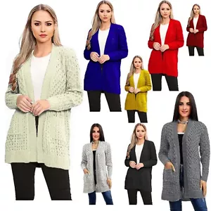 Womens Long Sleeves Crochet knitted Cable Open Knit Marl 2 Pocket Cardigan UK - Picture 1 of 12
