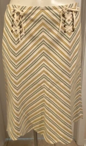 Elevenses Anthropologie White Green Yellow Chevron Skirt Scallop Hem Lace Up 6 - Picture 1 of 6