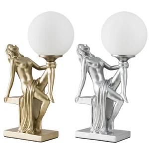 Art Deco Table Lamp 37.5CM Tall Woman Holding Frosted Glass Globe Light LED Bulb - Picture 1 of 21