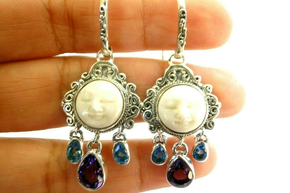 Balinese Goddess Close Eyes Amethyst Blue Topaz 925 Sterling Silver Earrings - Image 1 of 4