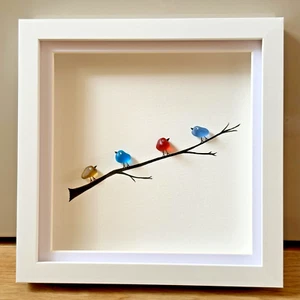 Sea Glass Art Multicoloured Birds On Branch Framed Wall Picture - Handmade Gift - Picture 1 of 6
