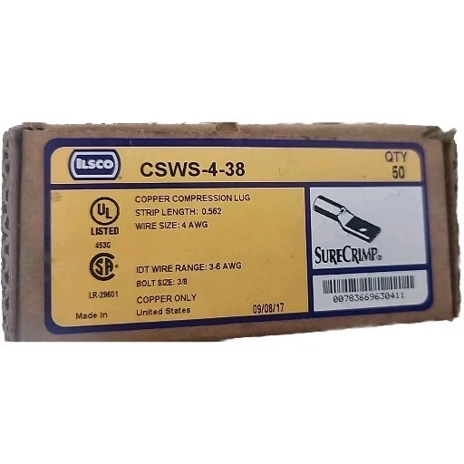  ILSCO CSWS-4-38 Compression Lugs, 1-hole Box 50 Qty - Image 1 of 1