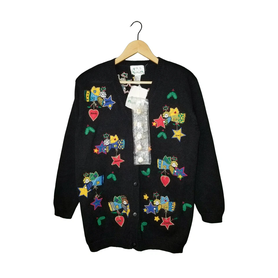The QUACKER FACTORY Cardigan Sweater NEW Black Embroidered Angel Wishes NWT Sm - Image 1 of 4