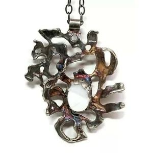 Silver Pendant Necklace White Agate Brutalist Abstract Artisan Scandinavian 830 - Picture 1 of 12