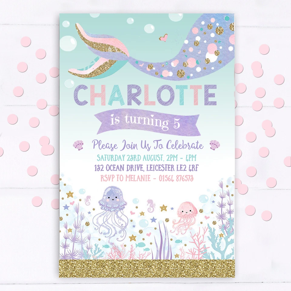 Personalised Mermaid Party Invitations, Birthday Invites, 10 + envelopes