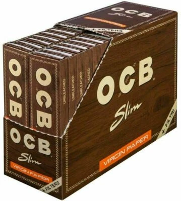 OCB Brown Virgin Unbleached King Slim Smoking Rolling Paper Filter Tip Roach Box - Image 1 of 4