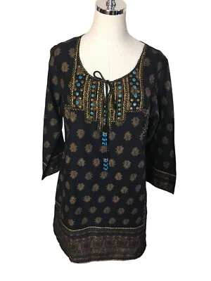 J Peterman Tunic Dress Small Black Gold Print Boho Cotton Bead Embroidered India - Image 1 of 4