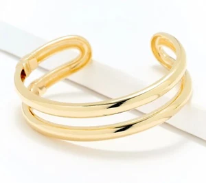 Domed Open Design Double Cuff Bangle Bracelet 14K Yellow Gold Plated Silver QVC - Picture 1 of 3