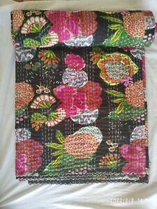Kantha Quilt Cotton Indian Queen Size Bedspread Handmade Blanket Bedding Fruit