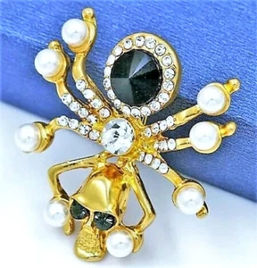 Golden SPIDER Pearl SKULL Rhinestone Black GEM Goth Steam Punk Halloween Brooch - Picture 1 of 12
