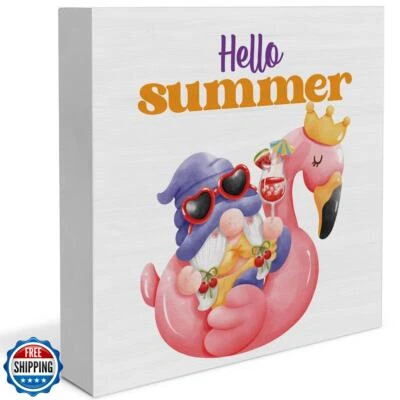 Hello Summer Decor Flamingo Decorations Summer Gnome Wooden Sign Rustic Home  - Image 1 of 4