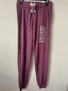 Justice Maroon Silver Sparkle Logo Mid Rise Full Length Girls’ Joggers Size 8 - Picture 1 of 5