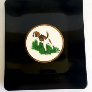 Vintage Ann Mackenzie 1989 Hand Painted Beagle Decor Tray Plate Gold Inlay