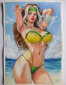 Peinture originale BD Pinup Sexy Rogue A4 X-Men par Sheludchenko - Photo 1 sur 1
